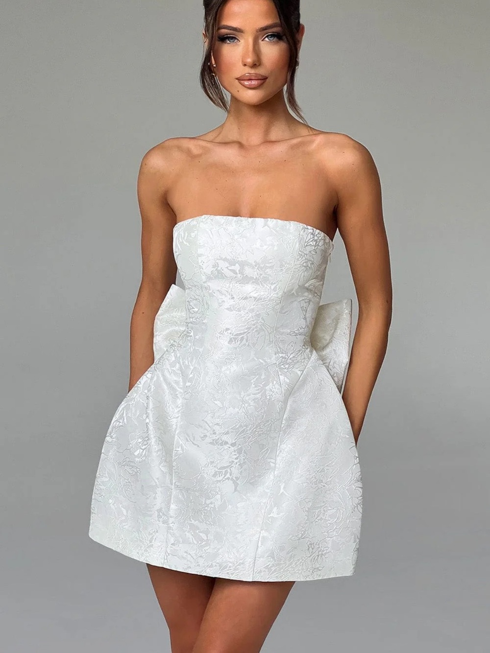 Strapless White Floral Jacquard Mini Dress